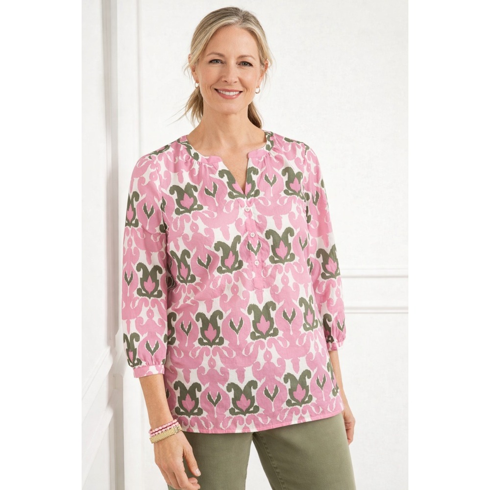 Talbots Plus Ikat Print Tunic Top 1X Pink 3/4 Sleeve 100% Cotton‎ Gauzy Blouse